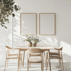 A light, white wall with wooden frames on the wall, a dining table and chairs in front of it, a modern interior design in a minimalist style