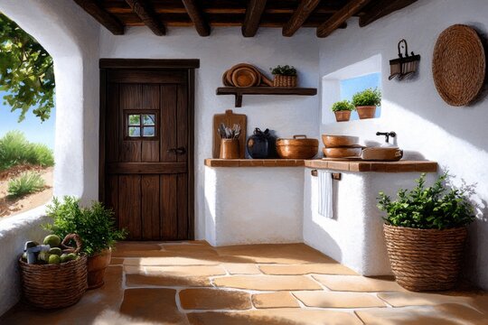 A soft watercolor painting of a rustic kitchen with wooden accents, showing warmth and inviting charm