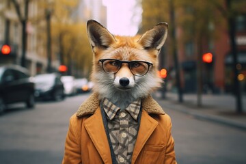 Hipster fox walking around the city on the street.