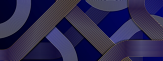 Gold Blue and White Abstract Banner With Geometric Lines Design Ideal for Post, Background, Banner, Ad, Promo, Invitation, Etc