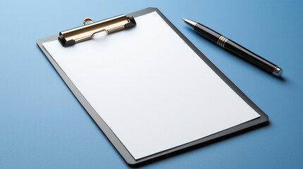 Blank clipboard with paper and pen on a blue background, ready for writing or note taking with copy space 