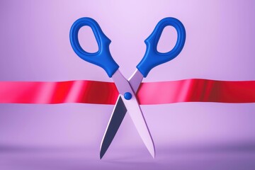 Blue scissors ready to cut a red ribbon