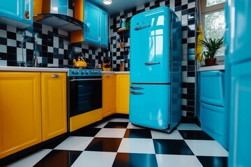 A vintage-inspired kitchen illustration with checkered floors, classic cabinets, and warm retro colors