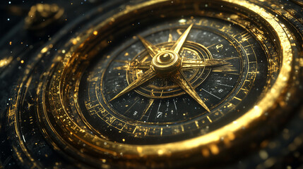 Intricate golden compass with ornate details and celestial design, symbolizing luxury, exploration, and timeless navigation