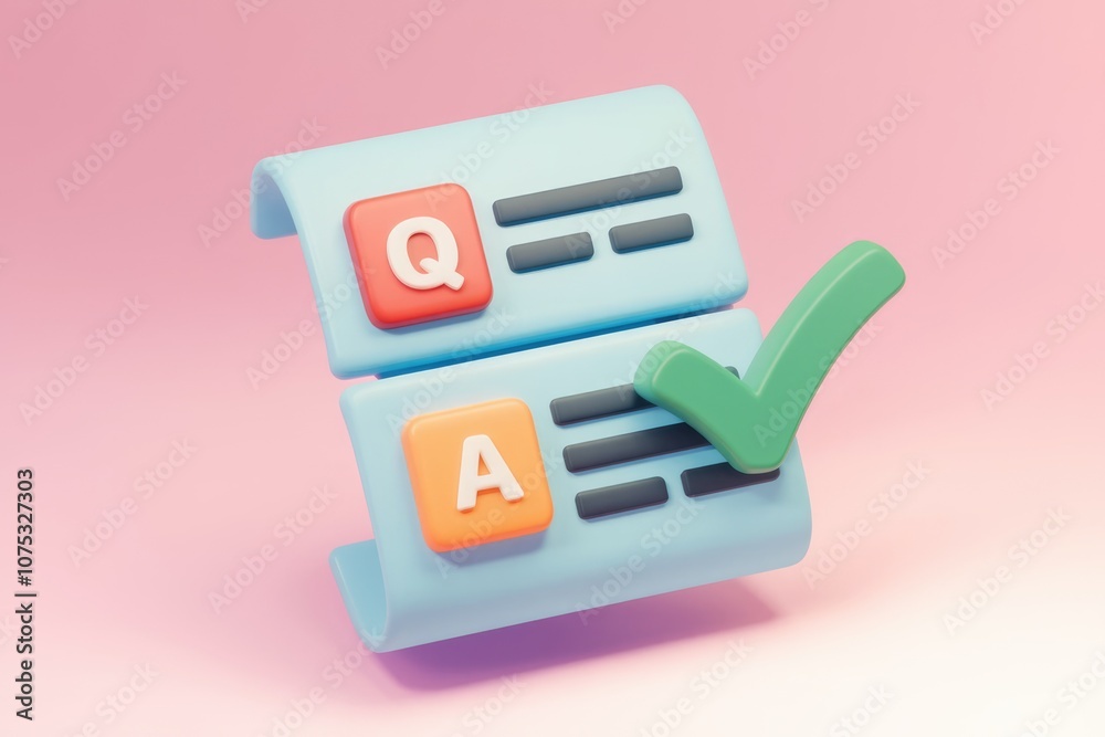 Poster 3D illustration of a Q&A with a checkmark  representing a question answered