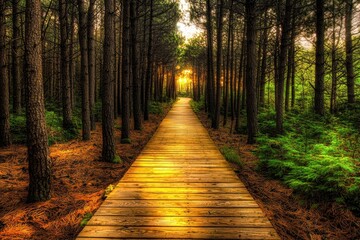 Obraz premium A serene wooden path leads through a sunlit forest, inviting exploration and tranquility.