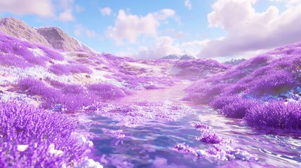 Beauty and Pollution: Contrast of Vibrant Lavender Field and Polluted River in 3D Rendered Artwork