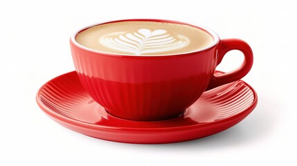 Obraz premium Hot Latte with Beautiful Latte Art in a Bright Red Cup on White Background, Capturing the Essence of Coffee Culture and Morning Delight