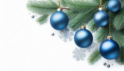 Naklejka premium Christmas and New Year banner with fir branches and blue Christmas balls on transparent background.