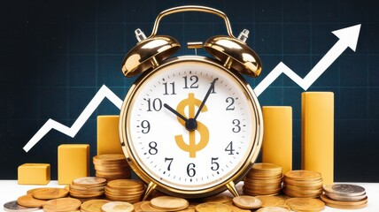 A clock symbolizing time management in finance, with coins and a rising graph to represent investment growth and economic progress.
