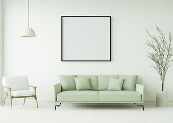 A simple white wall with an empty poster frame, a modern living room in olive green and cream tones, a sofa with large armrests