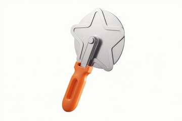 A silver pizza cutter with an orange handle shaped like a star