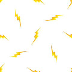 Seamless pattern with yellow lightning bolt symbols striking on white background, representing electricity, power, and energy