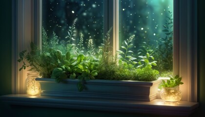 Herbs on windowsill with a serene atmosphere illuminated by soft light at night