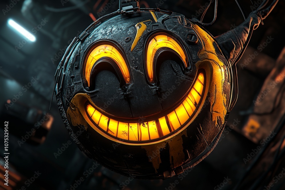 Poster cyberpunk-inspired happy face with neon colors and led lights, glowing in a dark futuristic backgrou