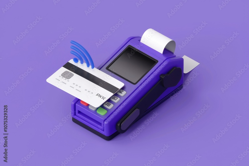 Poster a purple pos terminal with a credit card and a wifi icon.