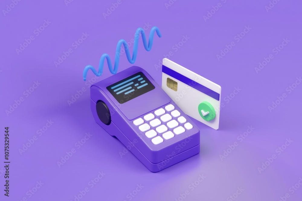 Poster A 3D rendering of a purple POS terminal with a credit card