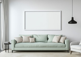 A simple white wall with an empty poster frame, a modern living room in olive green and cream tones, a sofa with large armrests