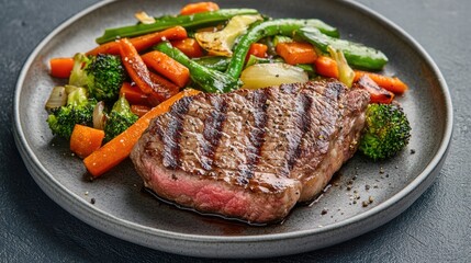 Grilled Medium Rare Beef Steak with Stir Fried Vegetables