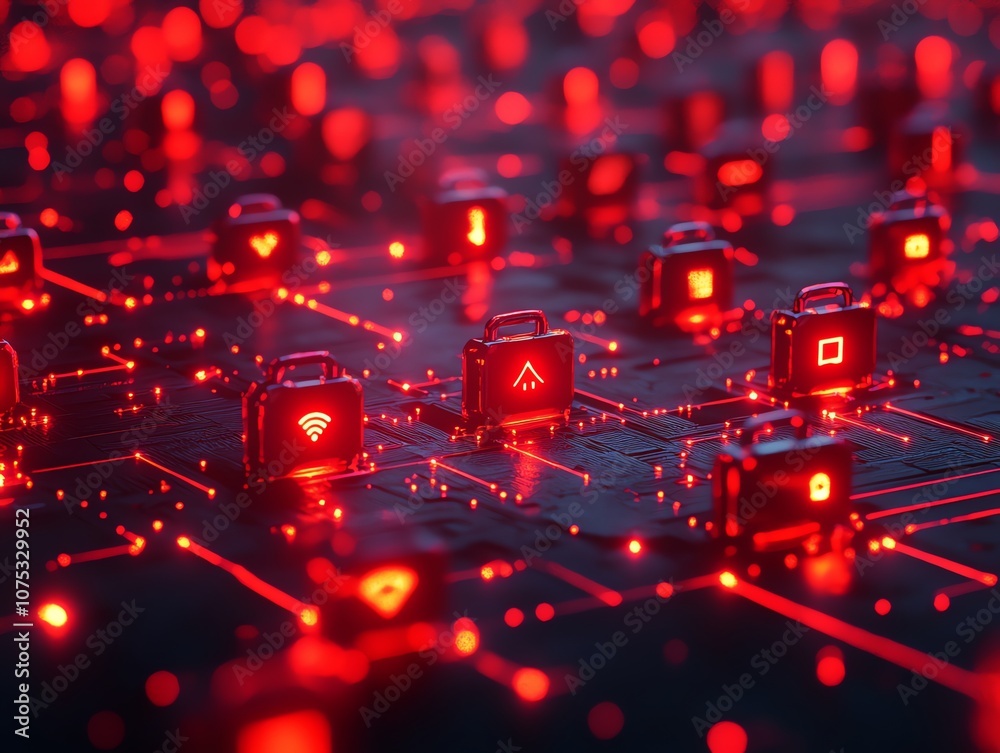 Aufkleber Red glowing network of devices on a circuit board with icons.