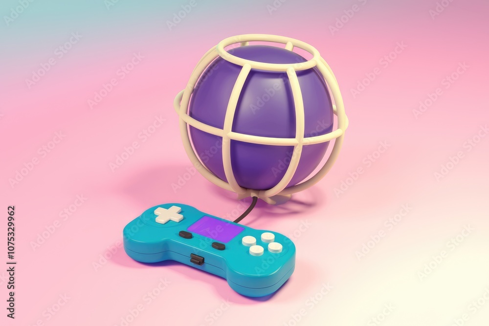 Poster a blue gamepad connected to a globe in a cage representing the internet and gaming.