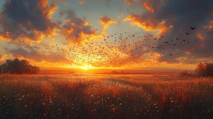 Obraz premium A flock of birds flying in formation against a vibrant sunset sky over a golden field.
