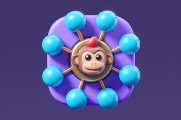 A 3D rendering of a monkey face with a red hat surrounded by blue orbs