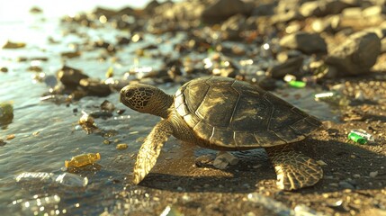 Obraz premium Plastic Pollution Threat: 3D Render of Turtle Nesting on Beach Amidst Waste, Environmental Awareness Concept, Ultra-Detailed Digital Artwork