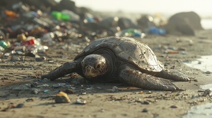 Endangered Beauty: 3D Render of Turtle Nesting on Polluted Beach