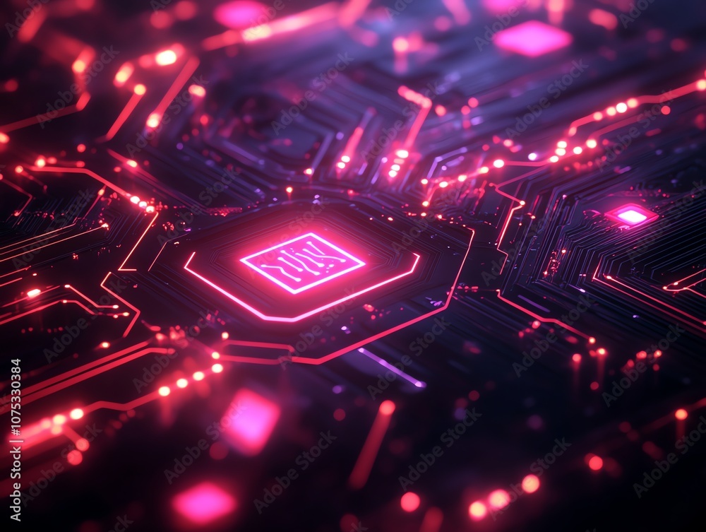 Poster Close-up of a futuristic circuit board with glowing neon lights, featuring a central processing unit with a digital signal.