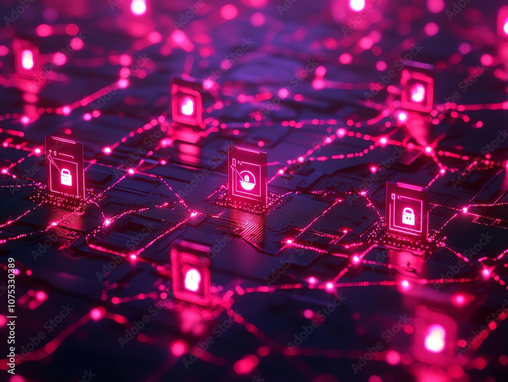 Poster A 3D rendering of a futuristic circuit board with glowing pink lines and padlock icons, representing the concept of cybersecurity.