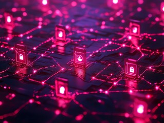 A 3D rendering of a futuristic circuit board with glowing pink lines and padlock icons, representing the concept of cybersecurity.