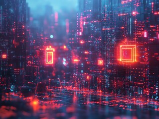 Obraz premium Futuristic cityscape with glowing red and blue lights and a digital, abstract background.