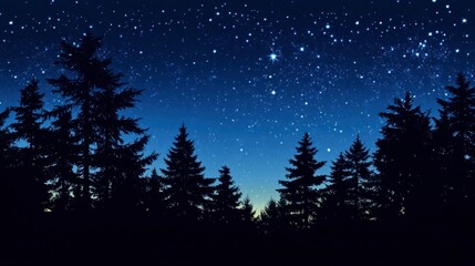 Naklejka premium A silhouette of a forest against a blue sky, transitioning into night with stars and the galaxy coming into view.