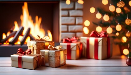 Christmas gifts with bright illumination lights on a light wooden background near a fireplace with fire