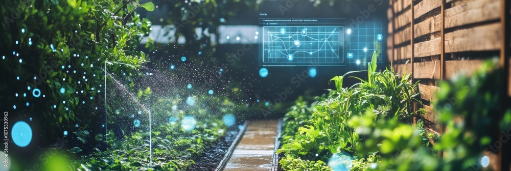 Poster this vibrant garden features automated sprinklers and soil sensors ensuring optimal growth of plants