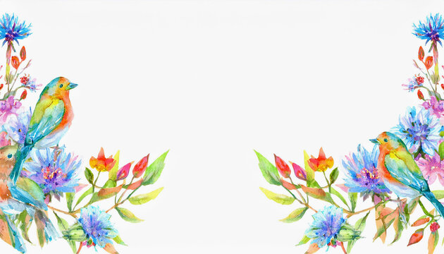 A watercolor painting of a florall border with two songbirds perched on branches with colorful flowers
