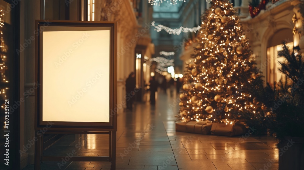 Poster a brightly lit shopping center features a magnificent christmas tree adorned with ornaments and ligh