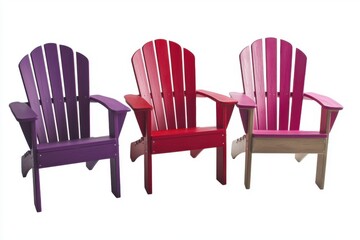 Obraz premium Three colorful Adirondack chairs arranged in a row, perfect for outdoor relaxation.