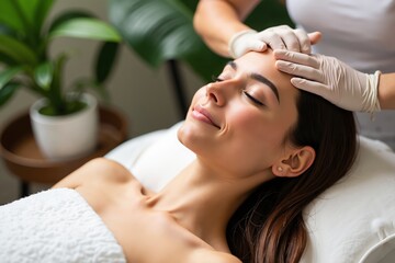 Fototapeta premium Relaxing facial massage therapy for glowing skin at spa wellness center