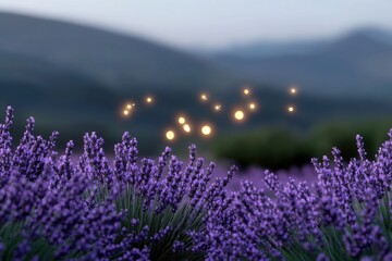 Obraz premium Lavender field in bloom with glowing lights during twilight in a serene countryside setting