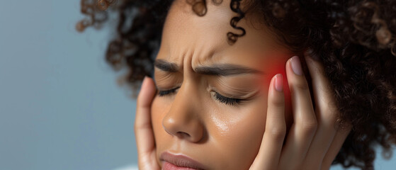 A woman with curly hair holds her head, expressing discomfort due to a severe migraine. The red area highlights pain, suggesting stress or health issues related to headaches