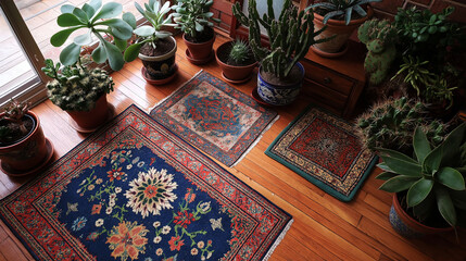 Vintage Rugs Layered on a Wooden Floor with Potted Cacti and Succulents