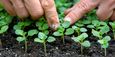 Close-up of hands carefully tending to young seedlings in rich soil. A scene of nurturing and growth, showing the delicate care involved in agriculture and gardening practices