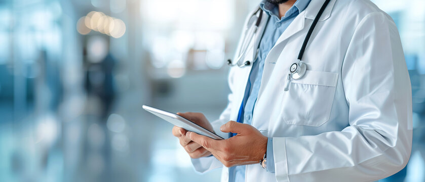 Close-up of a doctor using a tablet in a clinic setting. The stethoscope around the neck signifies healthcare, while the tablet highlights modern technology in patient management and diagnosis.