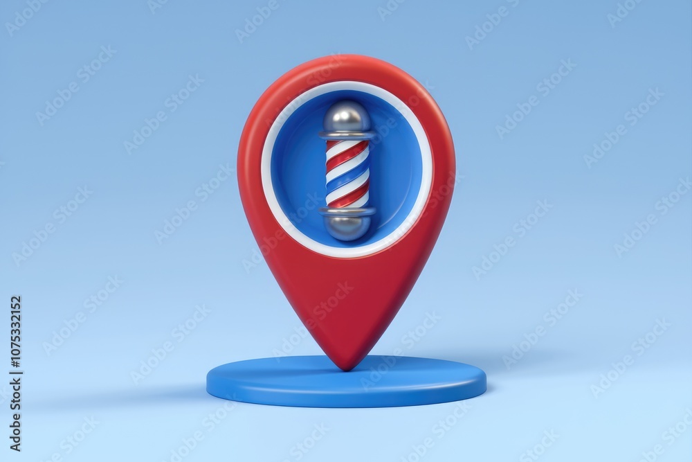 Poster a red and blue 3d location marker with a barber pole inside.