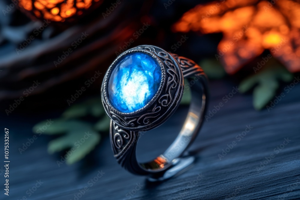Poster mystical ring with a moonstone that shines with an ethereal glow, set against a dark enchanted fores