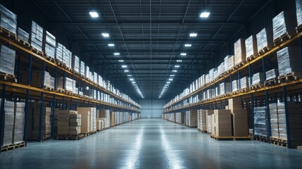 Fototapeta premium Rows of Pallets Stacked with Cardboard Boxes in a Large Warehouse