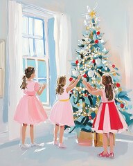 Three girls are decorating a Christmas tree. The girls are wearing pink dresses and are standing in front of a window