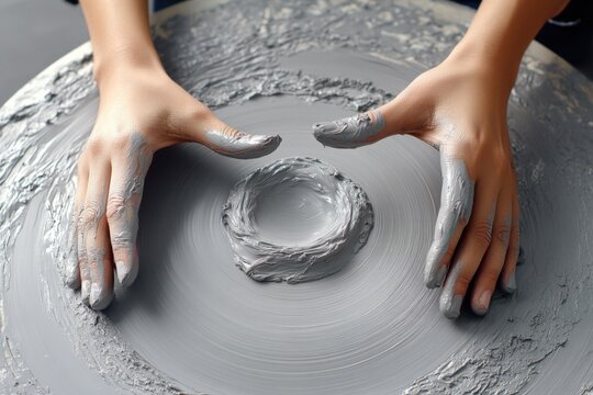 Hands shaping wet clay on a pottery wheel during a creative workshop in a bright studio
